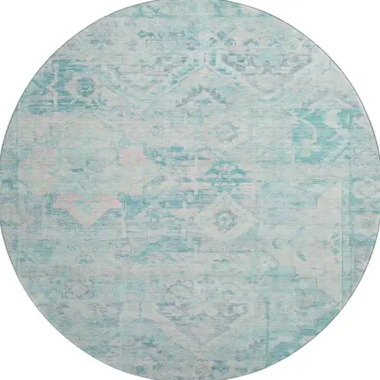 8' Teal Pink And Gray Floral Washable Round Rug With UV Protection Photo 3