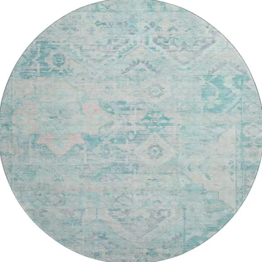 8' Teal Pink And Gray Floral Washable Round Rug With UV Protection Photo 3