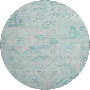 Photo of 8' Teal Pink And Gray Floral Washable Round Rug With UV Protection