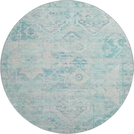 8' Teal Pink And Gray Floral Washable Round Rug With UV Protection Photo 1