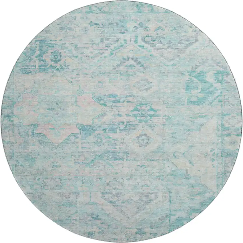 8' Teal Pink And Gray Floral Washable Round Rug With UV Protection Photo 1