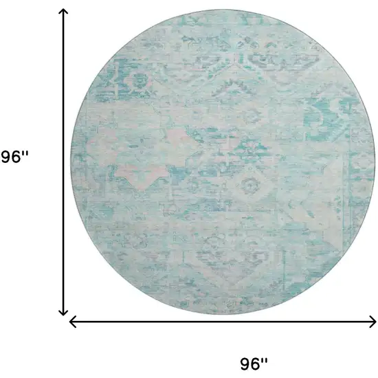8' Teal Pink And Gray Floral Washable Round Rug With UV Protection Photo 9