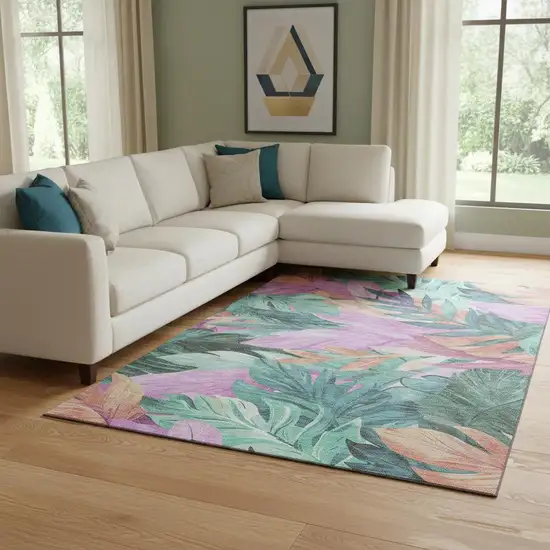 8' Teal Pink And Salmon Floral Washable Area Rug With UV Protection Photo 2