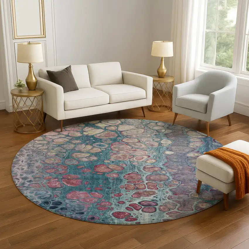 8' Teal Plum And Beige Abstract Washable Round Rug With UV Protection Photo 5