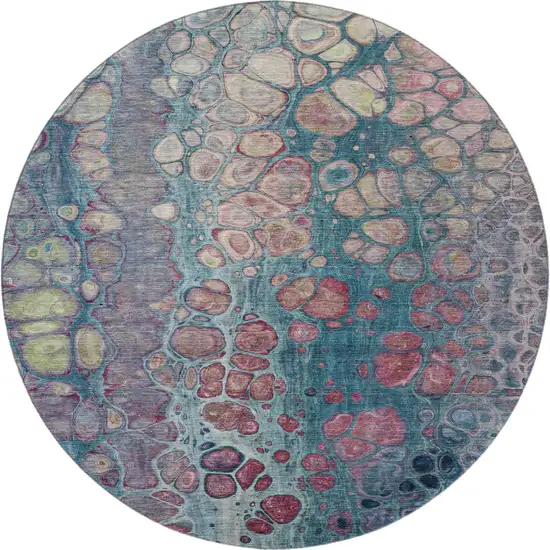 8' Teal Plum And Beige Abstract Washable Round Rug With UV Protection Photo 4