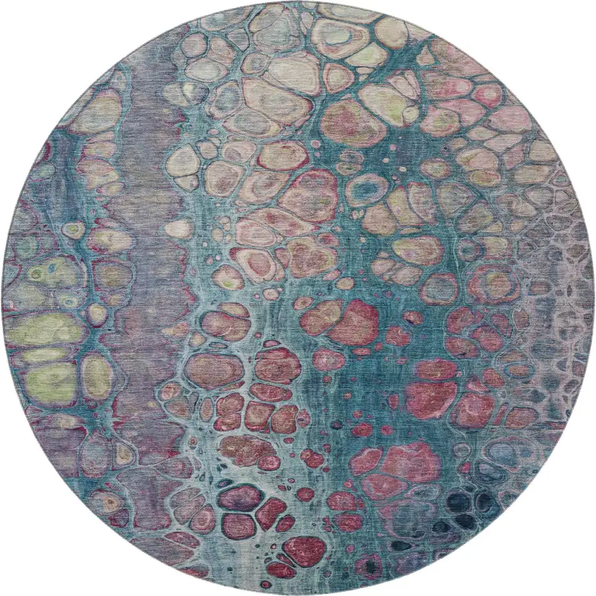8' Teal Plum And Beige Abstract Washable Round Rug With UV Protection Photo 4