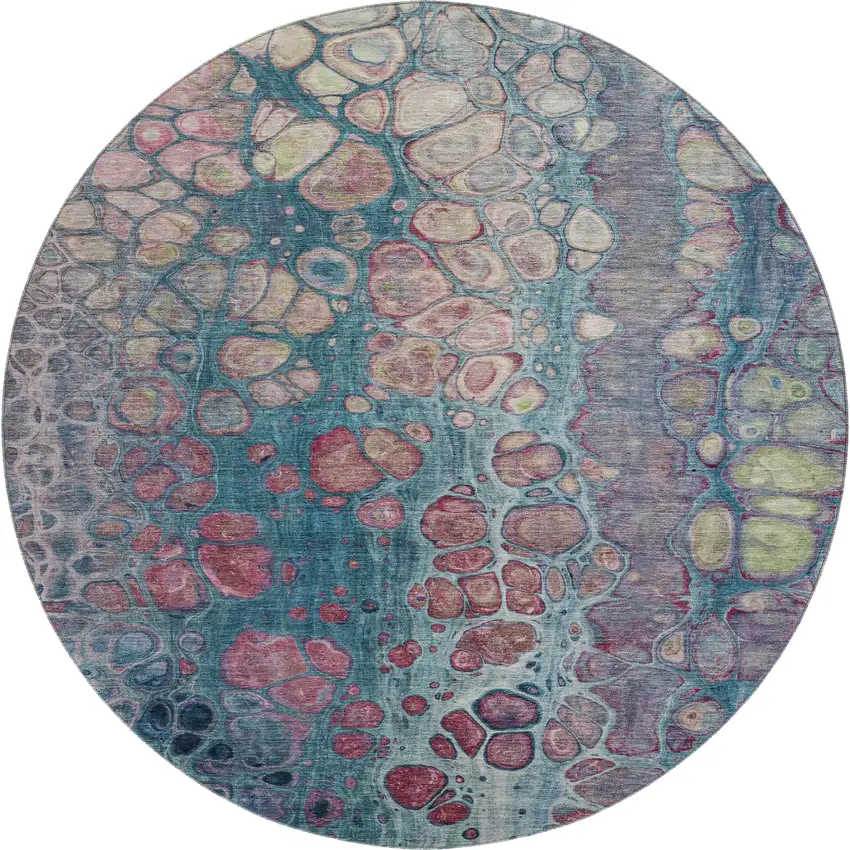 8' Teal Plum And Beige Abstract Washable Round Rug With UV Protection Photo 2