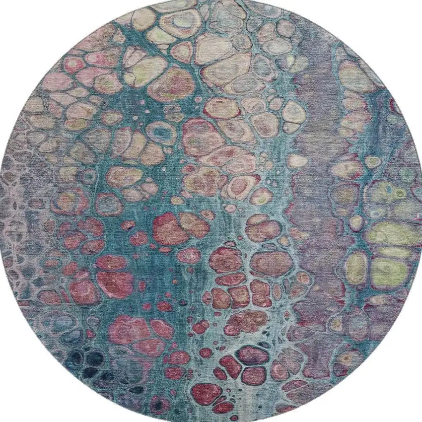 8' Teal Plum And Beige Abstract Washable Round Rug With UV Protection Photo 3