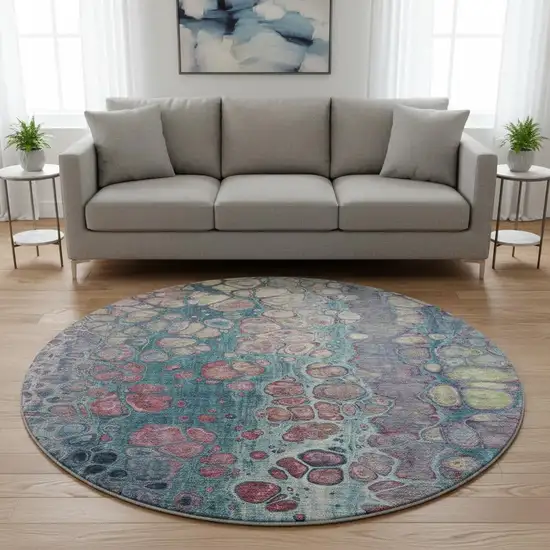 8' Teal Plum And Beige Abstract Washable Round Rug With UV Protection Photo 2