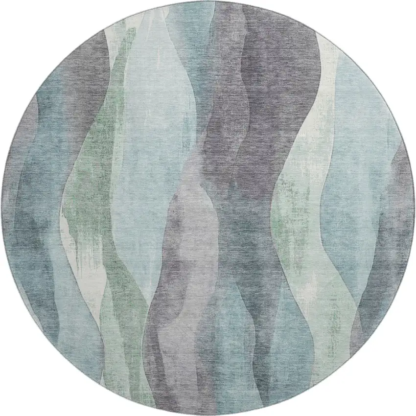8' Teal Plum And Ivory Abstract Washable Round Rug With UV Protection Photo 1
