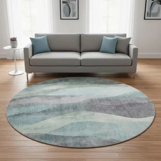 8' Teal Plum And Ivory Abstract Washable Round Rug With UV Protection Photo 2