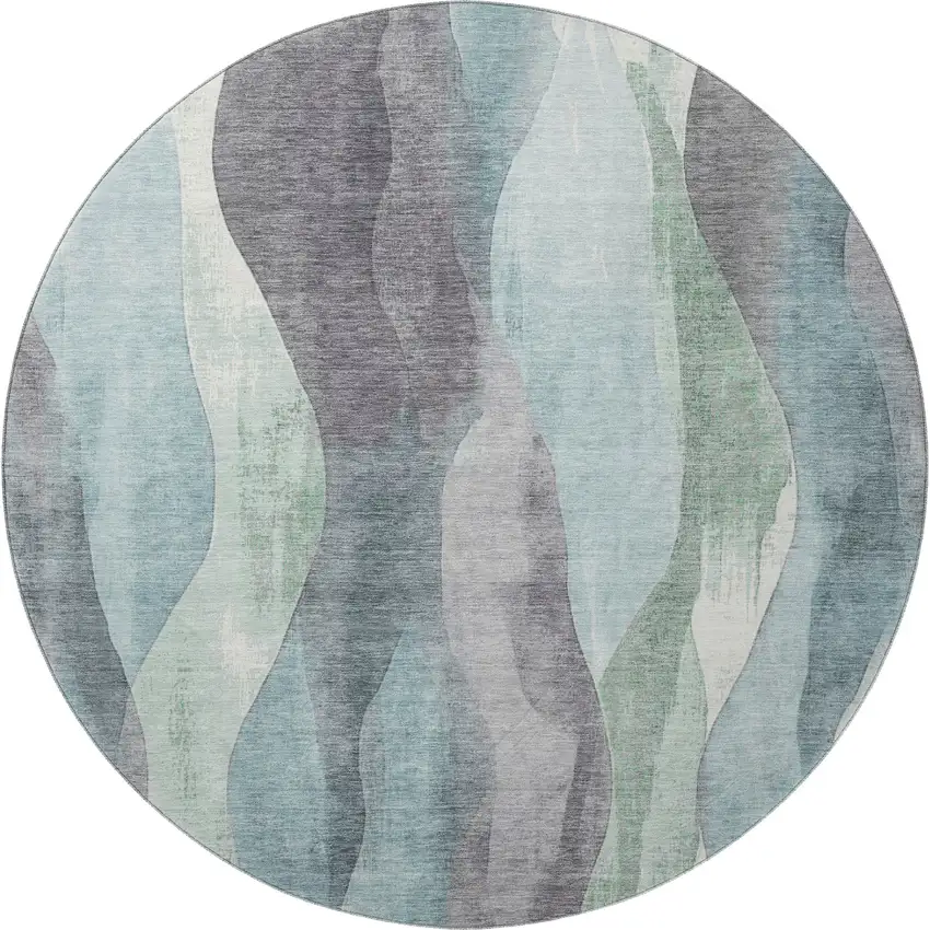 8' Teal Plum And Ivory Abstract Washable Round Rug With UV Protection Photo 4