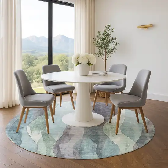 8' Teal Plum And Ivory Abstract Washable Round Rug With UV Protection Photo 5