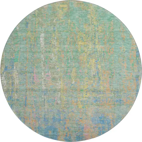 8' Teal Purple And Gold Abstract Washable Round Rug With UV Protection Photo 1