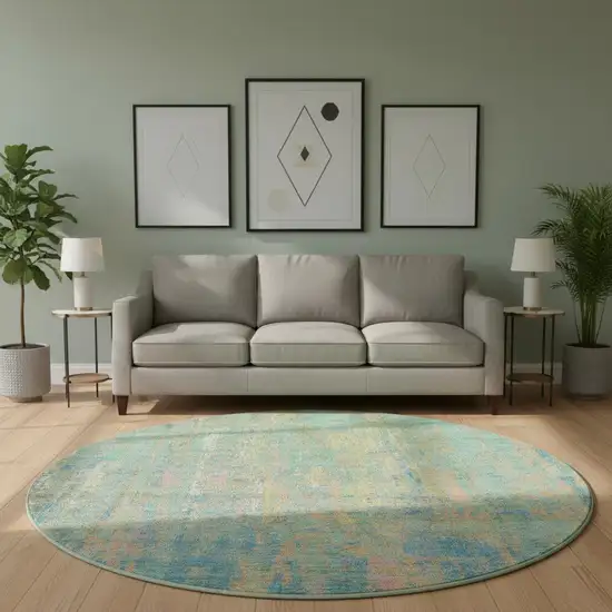 8' Teal Purple And Gold Abstract Washable Round Rug With UV Protection Photo 2