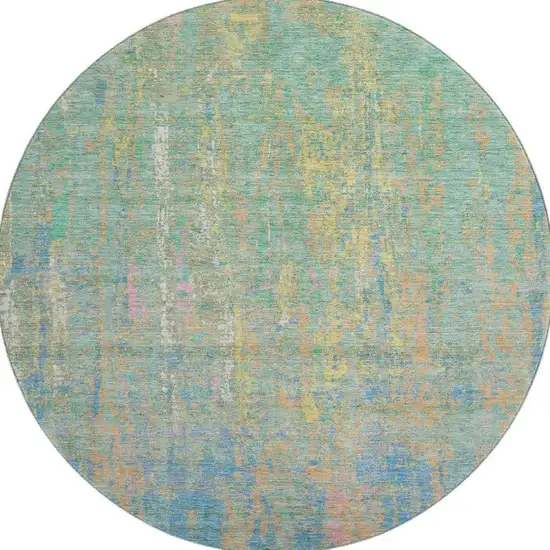 8' Teal Purple And Gold Abstract Washable Round Rug With UV Protection Photo 4