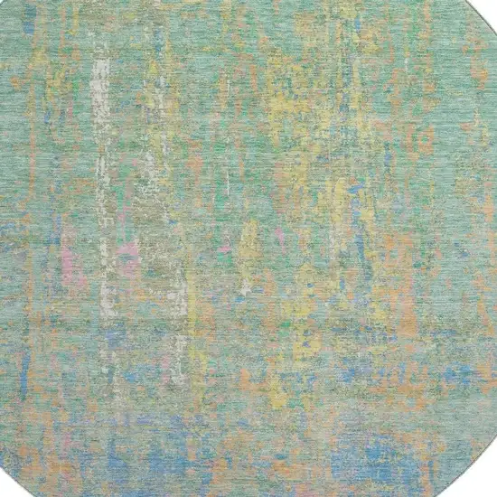 8' Teal Purple And Gold Abstract Washable Round Rug With UV Protection Photo 3