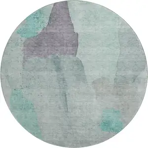 Photo of 8' Teal Purple And Gray Abstract Washable Round Rug With UV Protection