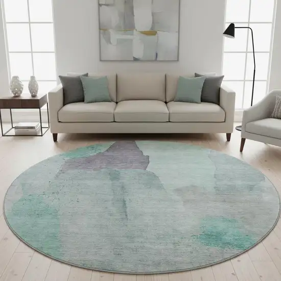 8' Teal Purple And Gray Abstract Washable Round Rug With UV Protection Photo 2