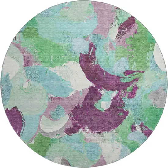 8' Teal Purple And Green Abstract Washable Round Rug With UV Protection Photo 1