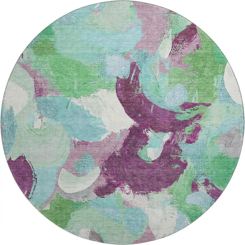 8' Teal Purple And Green Abstract Washable Round Rug With UV Protection Photo 1