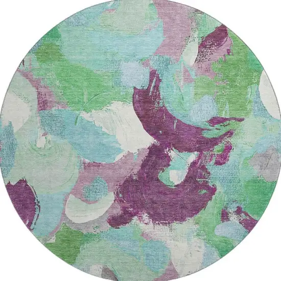 8' Teal Purple And Green Abstract Washable Round Rug With UV Protection Photo 4