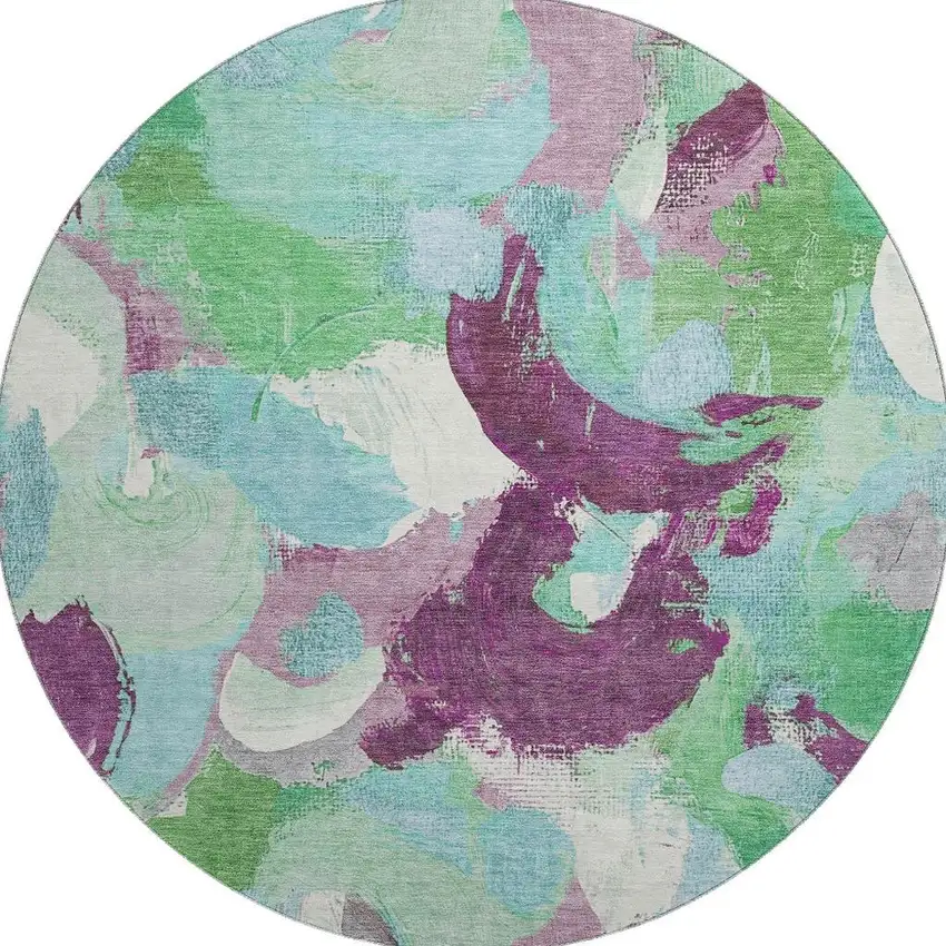 8' Teal Purple And Green Abstract Washable Round Rug With UV Protection Photo 4