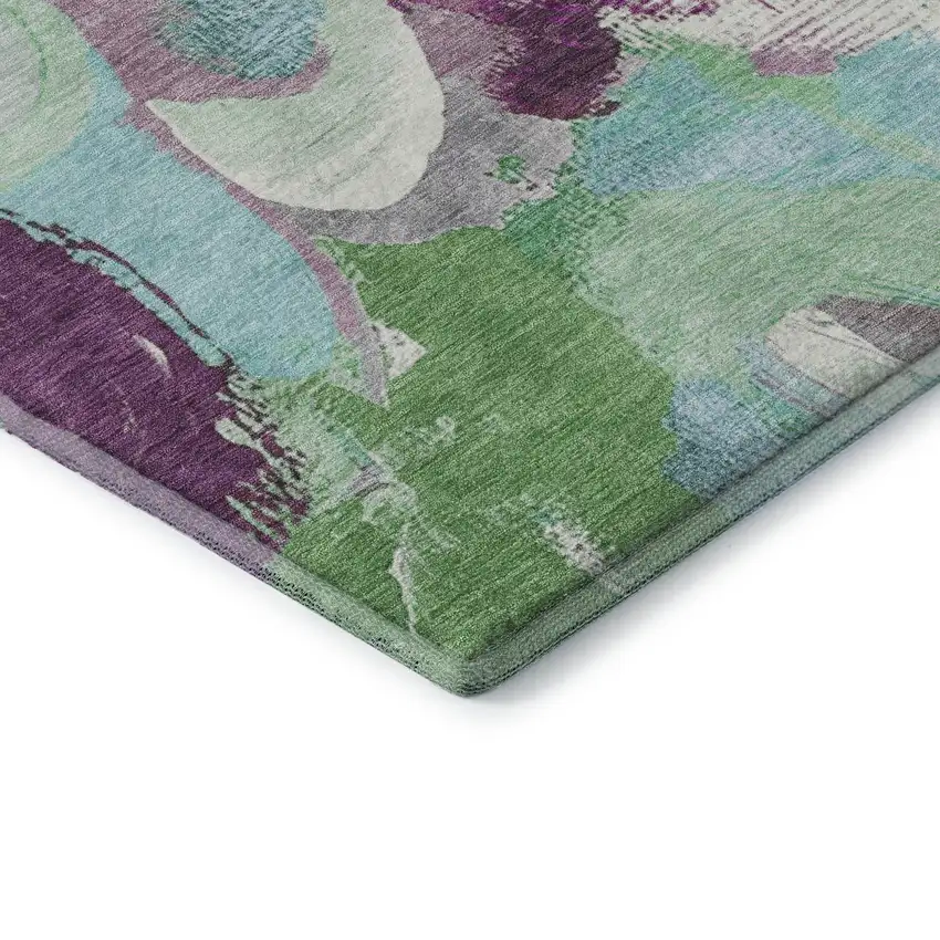 8' Teal Purple And Green Abstract Washable Round Rug With UV Protection Photo 7