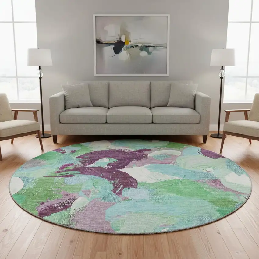 8' Teal Purple And Green Abstract Washable Round Rug With UV Protection Photo 2