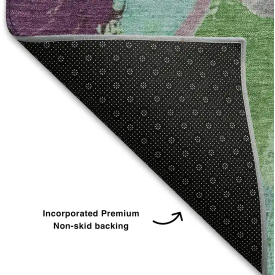 8' Teal Purple And Green Abstract Washable Round Rug With UV Protection Photo 6