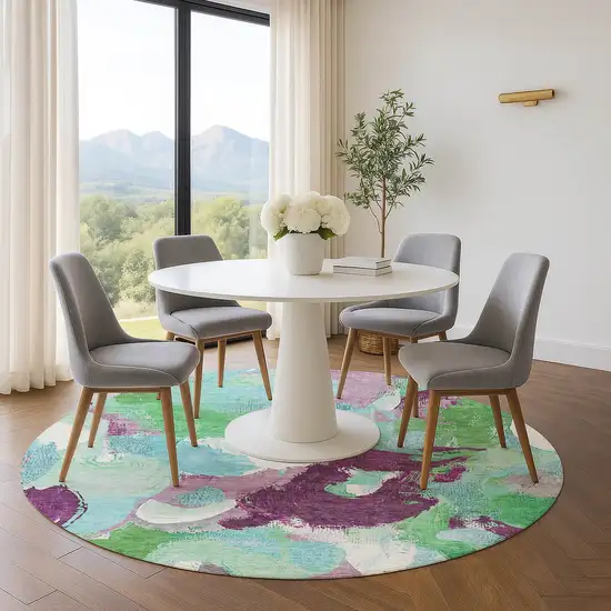 8' Teal Purple And Green Abstract Washable Round Rug With UV Protection Photo 5
