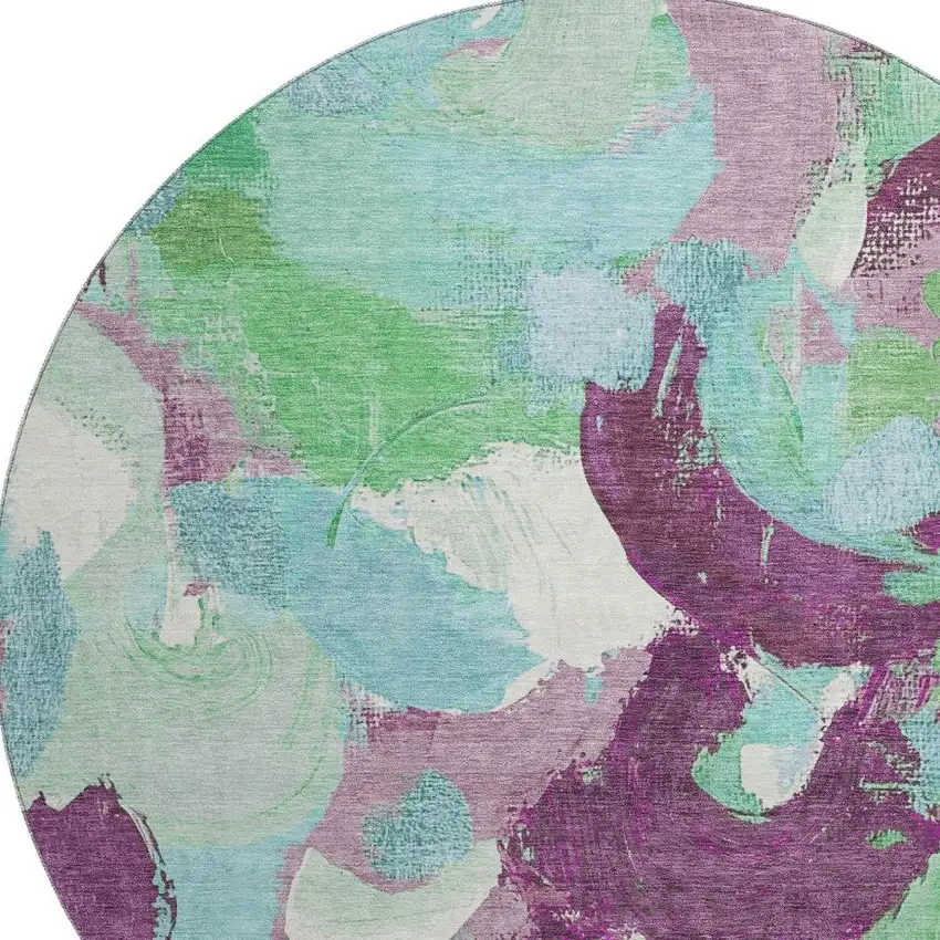 8' Teal Purple And Green Abstract Washable Round Rug With UV Protection Photo 3