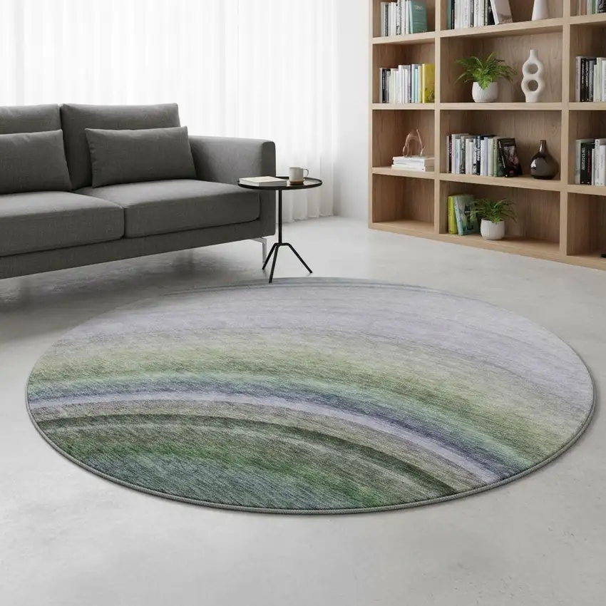 8' Teal Purple And Green Ombre Washable Round Rug With UV Protection Photo 2