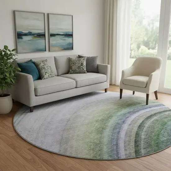 8' Teal Purple And Green Ombre Washable Round Rug With UV Protection Photo 1