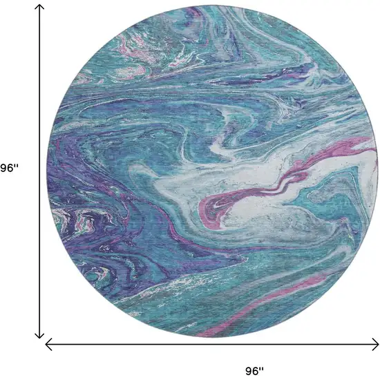 8' Teal Purple And Ivory Abstract Washable Round Rug With UV Protection Photo 9