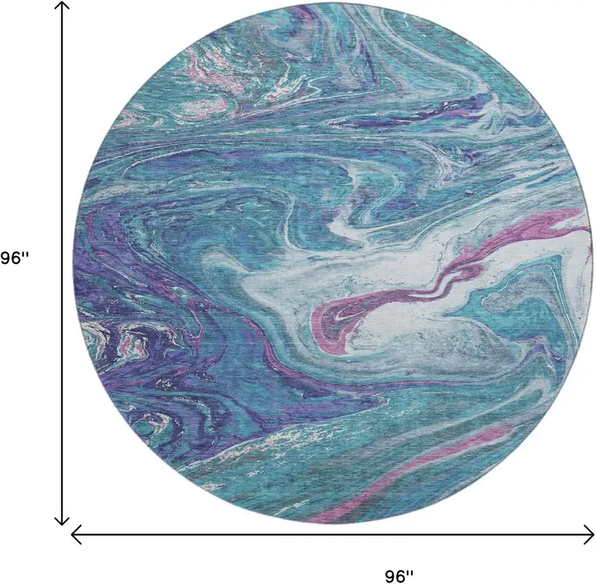 8' Teal Purple And Ivory Abstract Washable Round Rug With UV Protection Photo 9