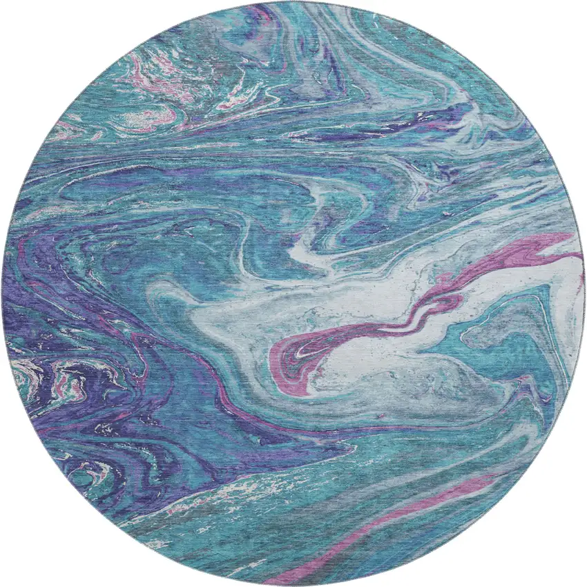 8' Teal Purple And Ivory Abstract Washable Round Rug With UV Protection Photo 1