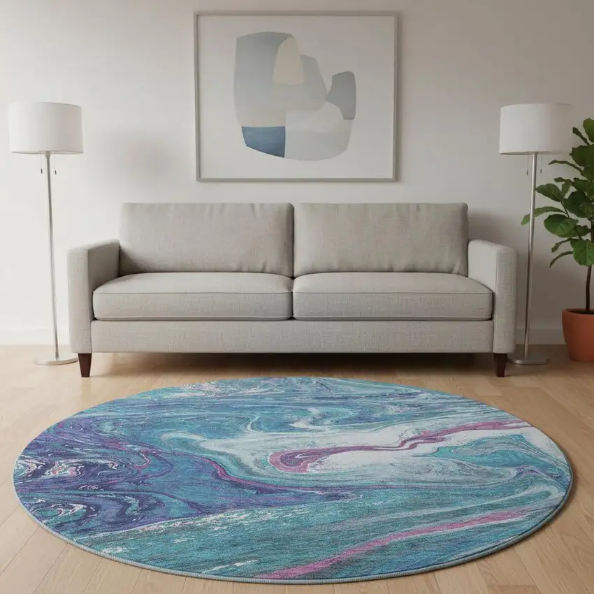 8' Teal Purple And Ivory Abstract Washable Round Rug With UV Protection Photo 2