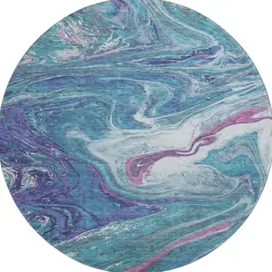 Photo of 8' Teal Purple And Ivory Abstract Washable Round Rug With UV Protection