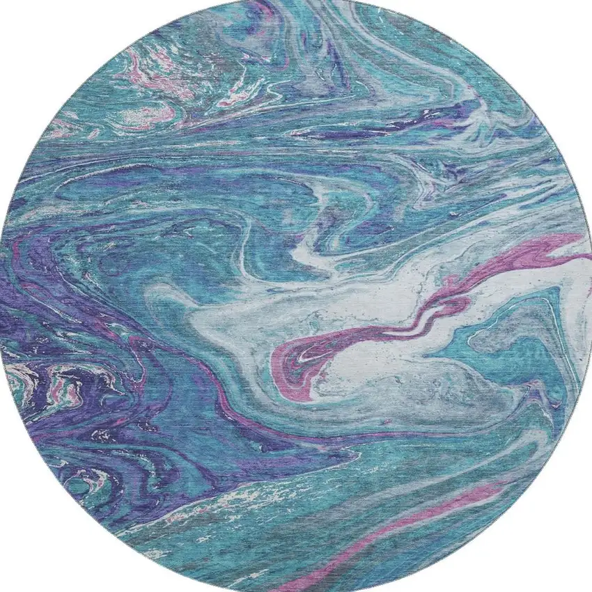 8' Teal Purple And Ivory Abstract Washable Round Rug With UV Protection Photo 2