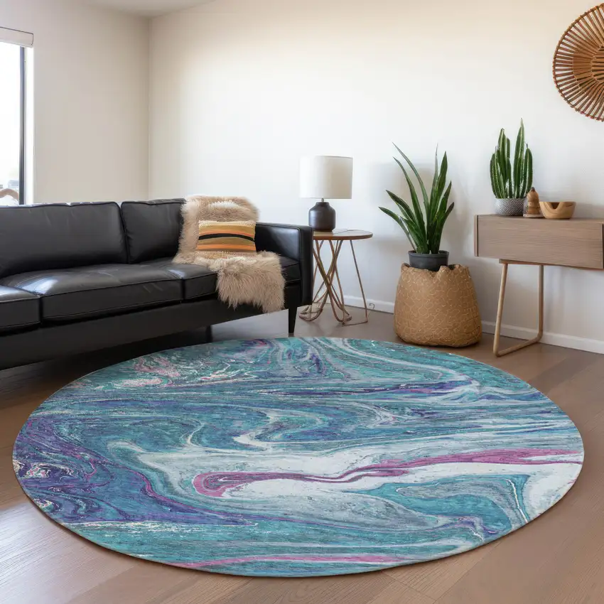 8' Teal Purple And Ivory Abstract Washable Round Rug With UV Protection Photo 4