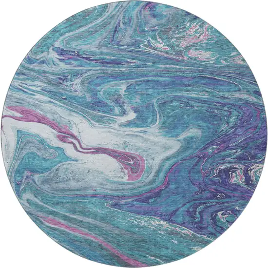 8' Teal Purple And Ivory Abstract Washable Round Rug With UV Protection Photo 3
