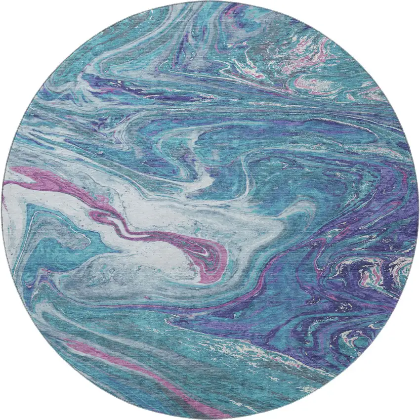 8' Teal Purple And Ivory Abstract Washable Round Rug With UV Protection Photo 3