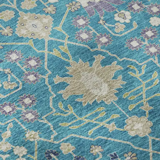 8' Teal Purple And Ivory Oriental Washable Round Rug With UV Protection Photo 7