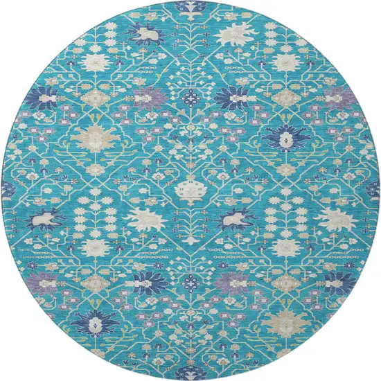8' Teal Purple And Ivory Oriental Washable Round Rug With UV Protection Photo 2