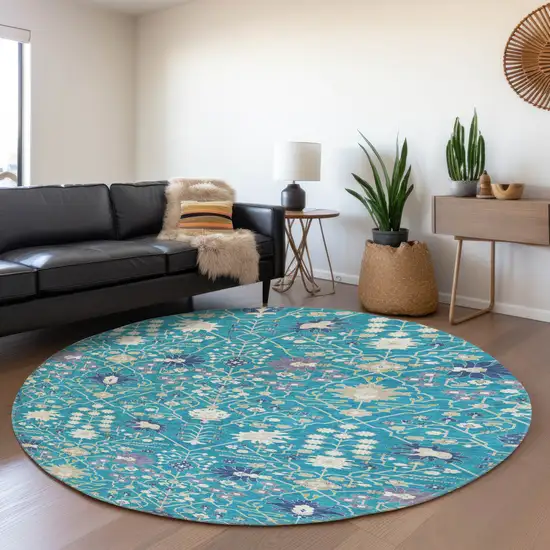 8' Teal Purple And Ivory Oriental Washable Round Rug With UV Protection Photo 3