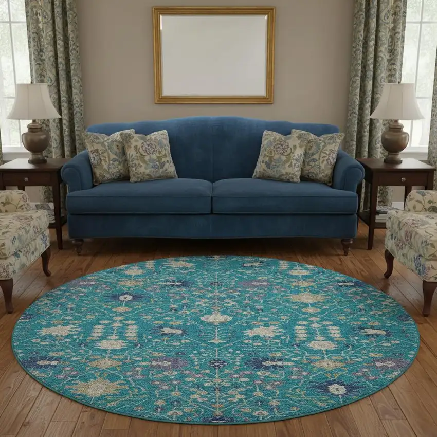 8' Teal Purple And Ivory Oriental Washable Round Rug With UV Protection Photo 2