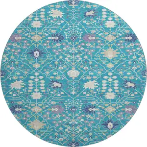 Photo of 8' Teal Purple And Ivory Oriental Washable Round Rug With UV Protection