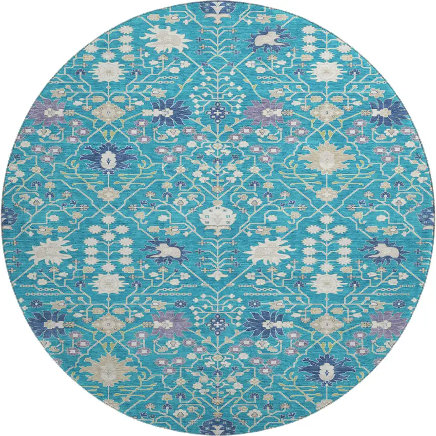 8' Teal Purple And Ivory Oriental Washable Round Rug With UV Protection Photo 1