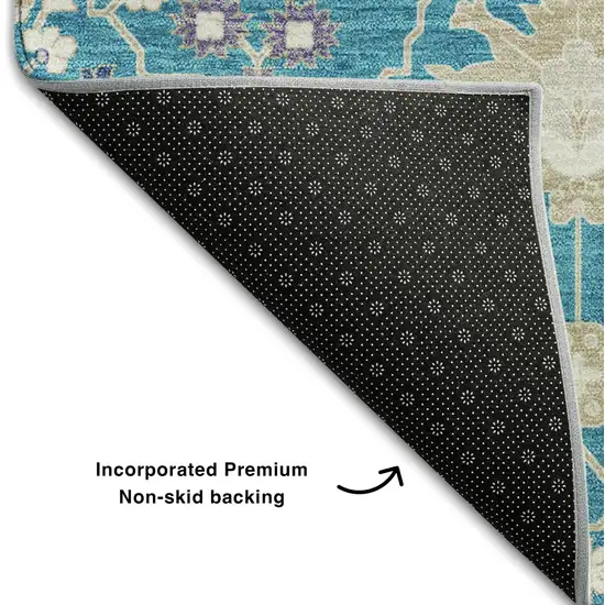 8' Teal Purple And Ivory Oriental Washable Round Rug With UV Protection Photo 4